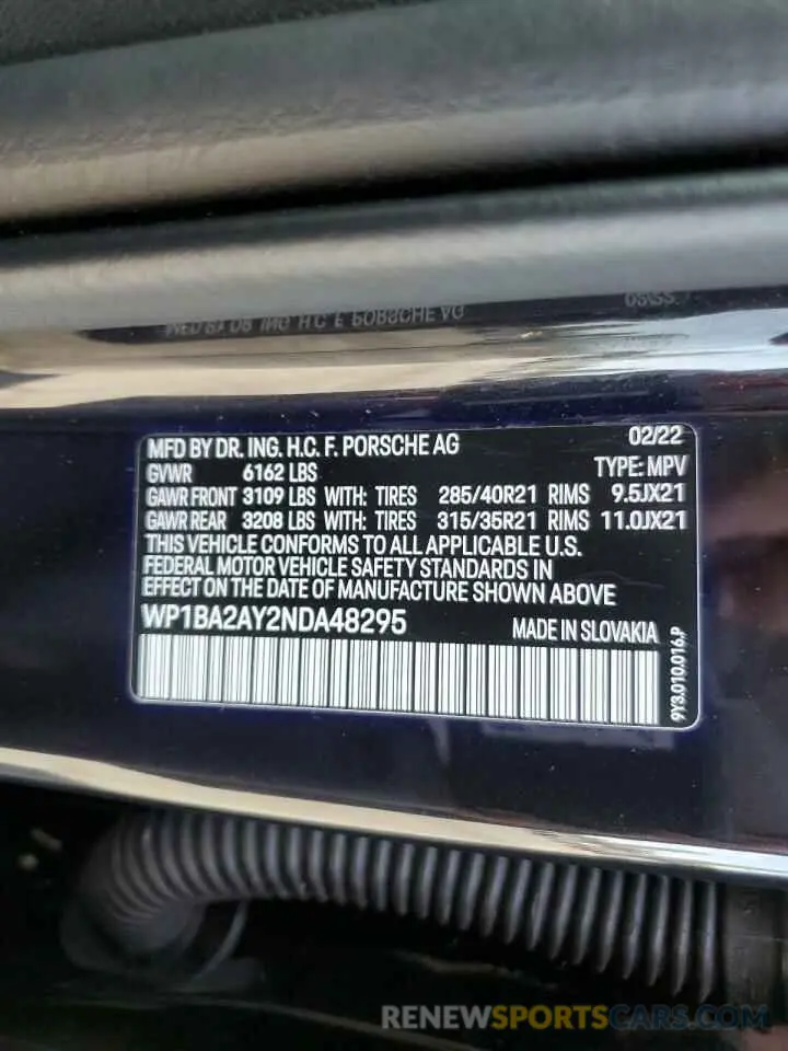 13 fotografías del automóvil dañado WP1BA2AY2NDA48295 PORSCHE CAYENNE 2022