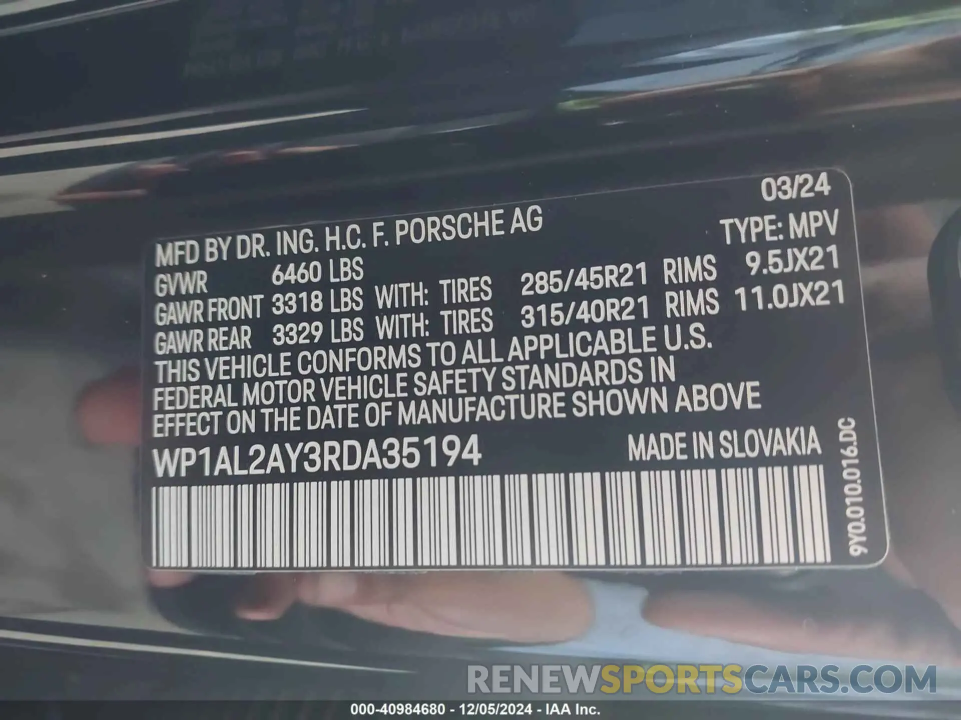 9 fotografías del automóvil dañado WP1AL2AY3RDA35194 PORSCHE CAYENNE 2024