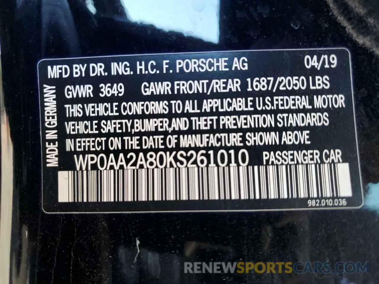 12 fotografías del automóvil dañado WP0AA2A80KS261010 PORSCHE CAYMAN 2019
