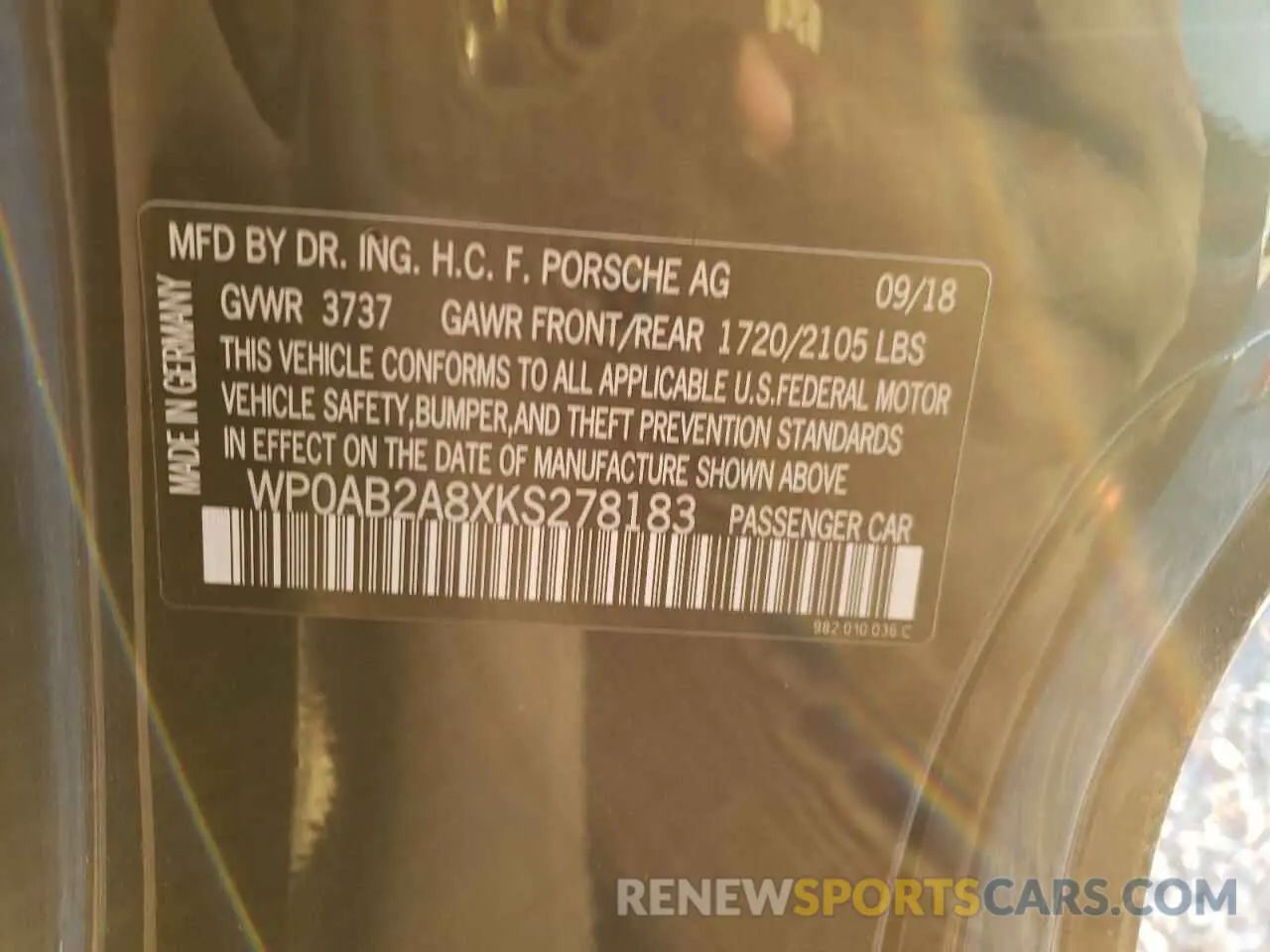 12 fotografías del automóvil dañado WP0AB2A8XKS278183 PORSCHE CAYMAN 2019