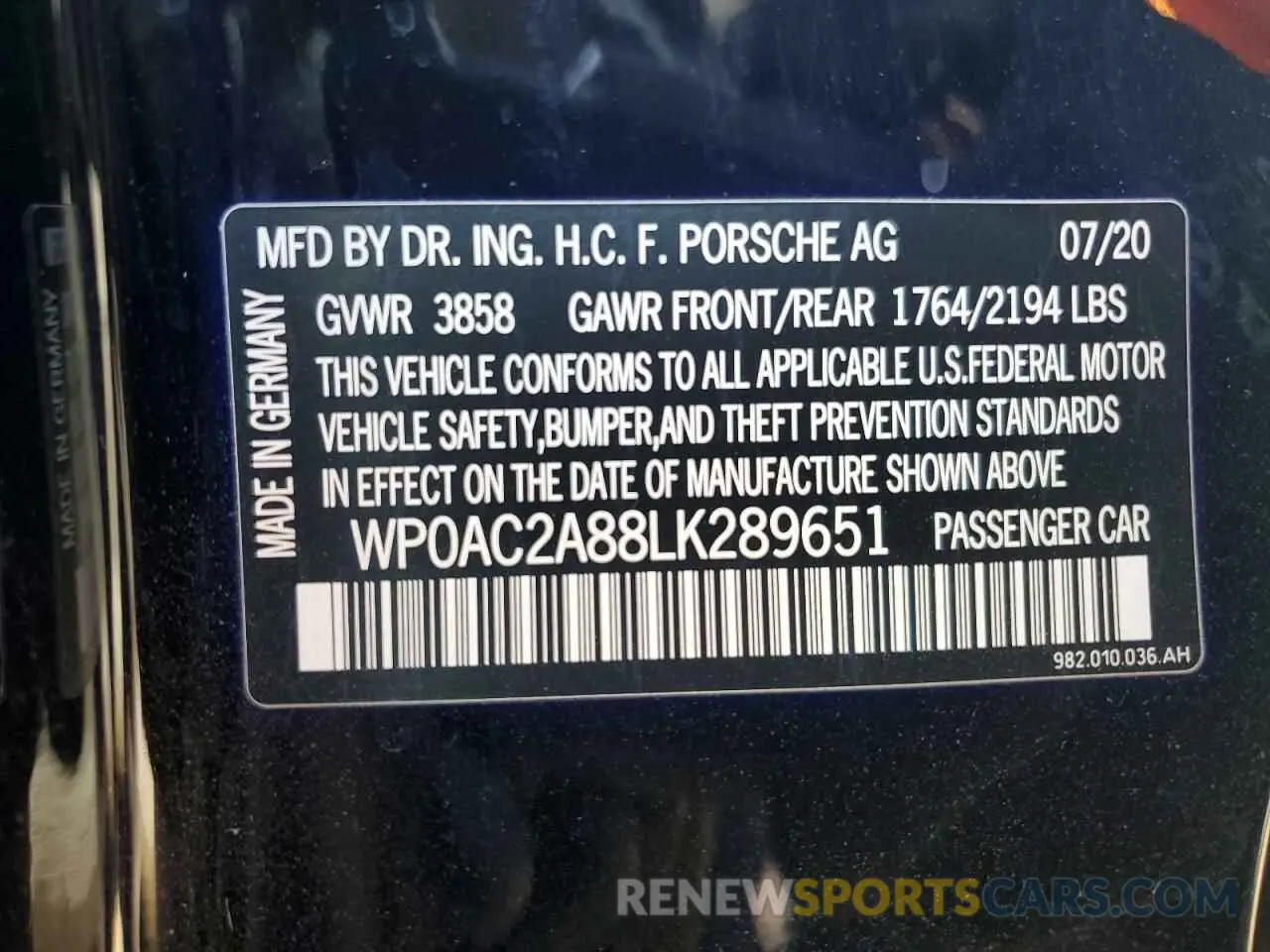 12 fotografías del automóvil dañado WP0AC2A88LK289651 PORSCHE CAYMAN 2020