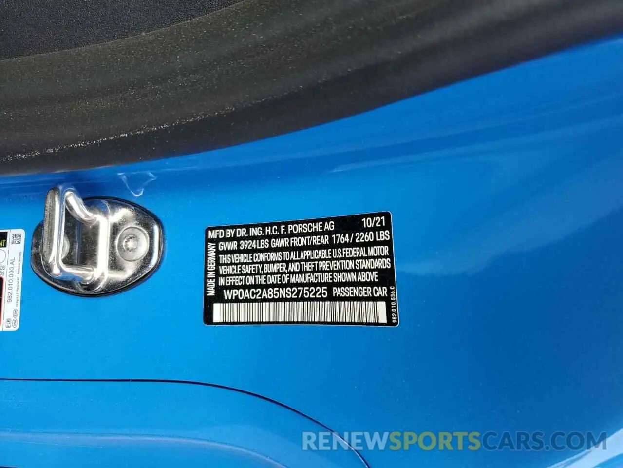 10 fotografías del automóvil dañado WP0AC2A85NS275225 PORSCHE CAYMAN 2022