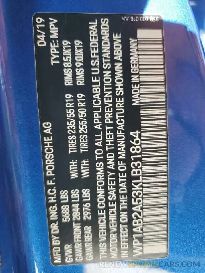 14 fotografías del automóvil dañado WP1AB2A53KLB31864 PORSCHE MACAN 2019