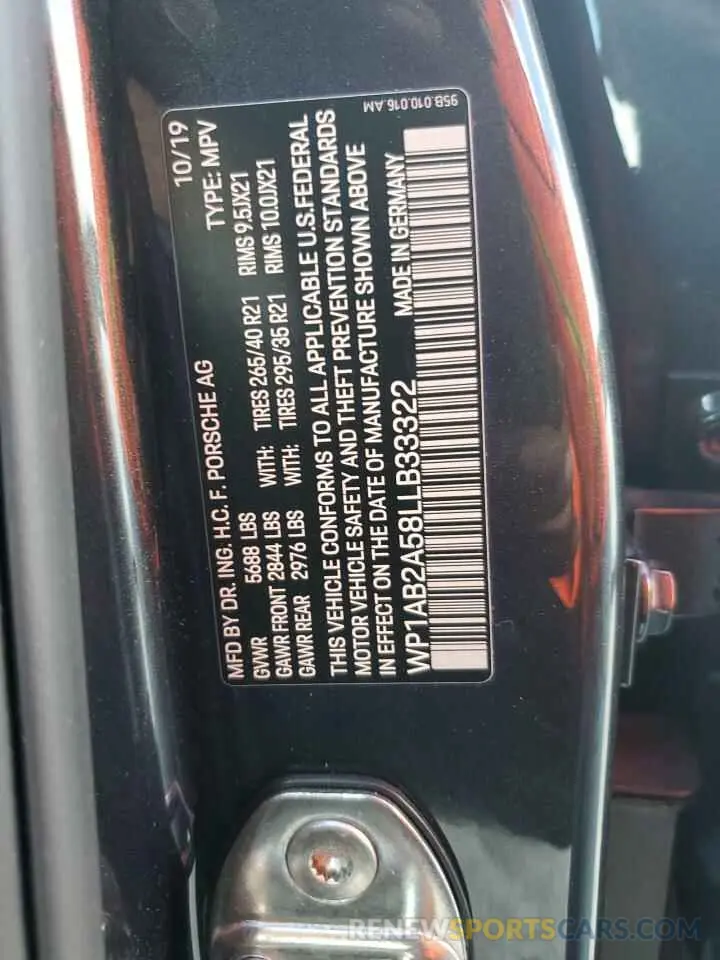 10 fotografías del automóvil dañado WP1AB2A58LLB33322 PORSCHE MACAN 2020