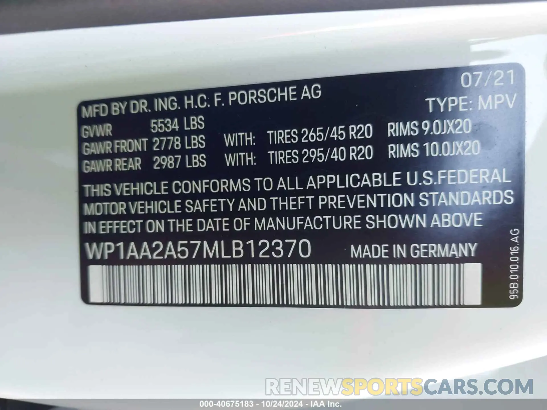 9 fotografías del automóvil dañado WP1AA2A57MLB12370 PORSCHE MACAN 2021