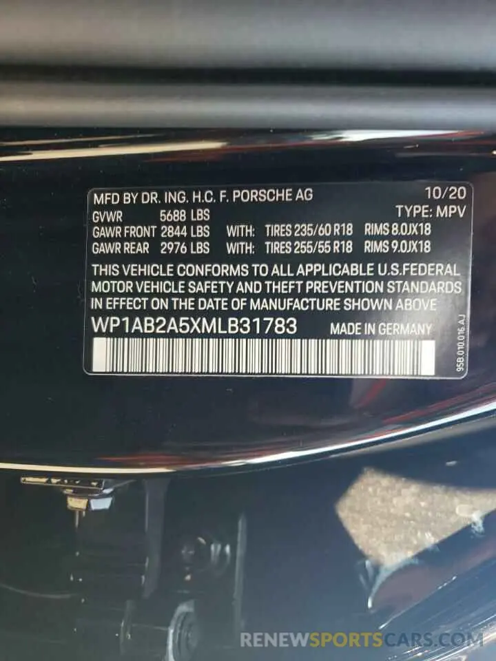 10 fotografías del automóvil dañado WP1AB2A5XMLB31783 PORSCHE MACAN 2021