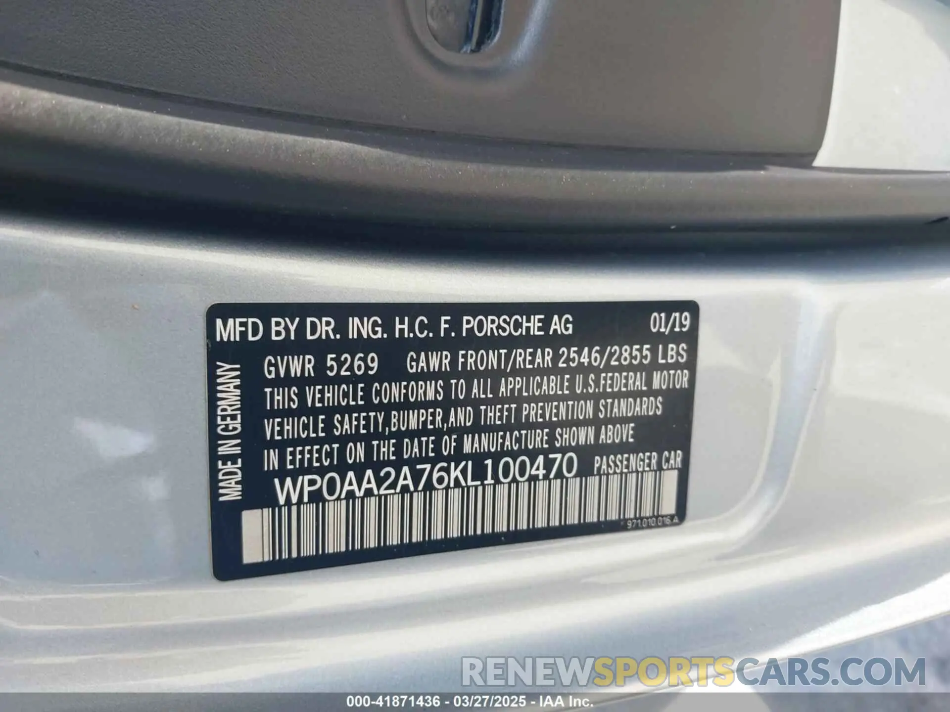 9 fotografías del automóvil dañado WP0AA2A76KL100470 PORSCHE PANAMERA 2019