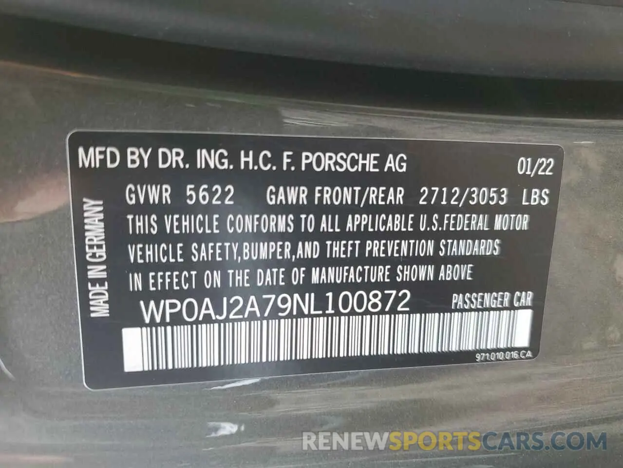 12 fotografías del automóvil dañado WP0AJ2A79NL100872 PORSCHE PANAMERA 2022