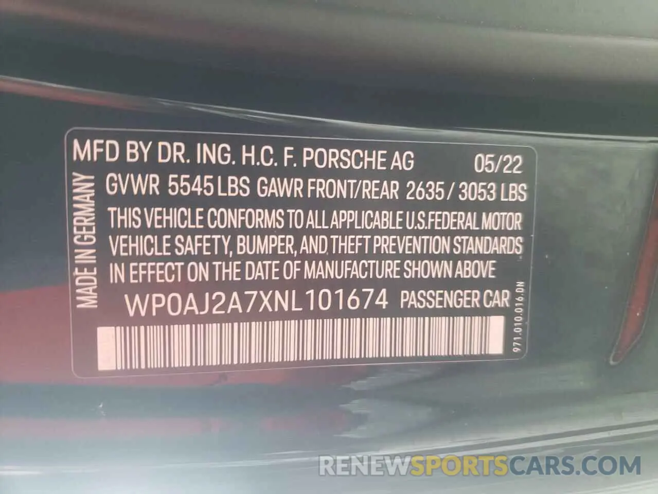 10 fotografías del automóvil dañado WP0AJ2A7XNL101674 PORSCHE PANAMERA 2022