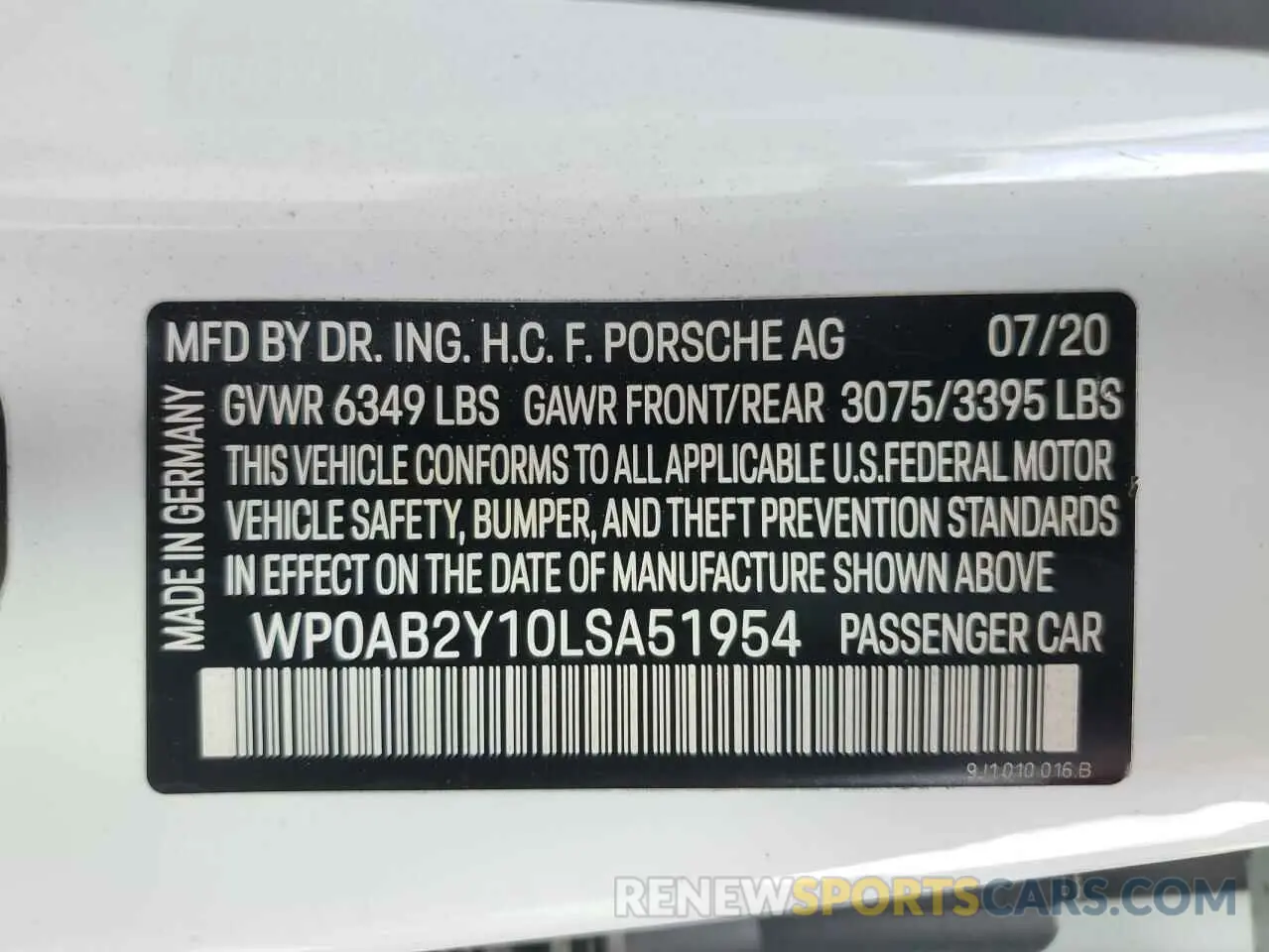 12 fotografías del automóvil dañado WP0AB2Y10LSA51954 PORSCHE TAYCAN 2020