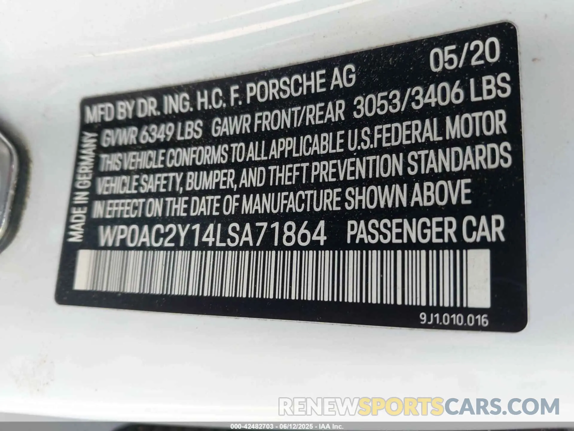 9 fotografías del automóvil dañado WP0AC2Y14LSA71864 PORSCHE TAYCAN 2020