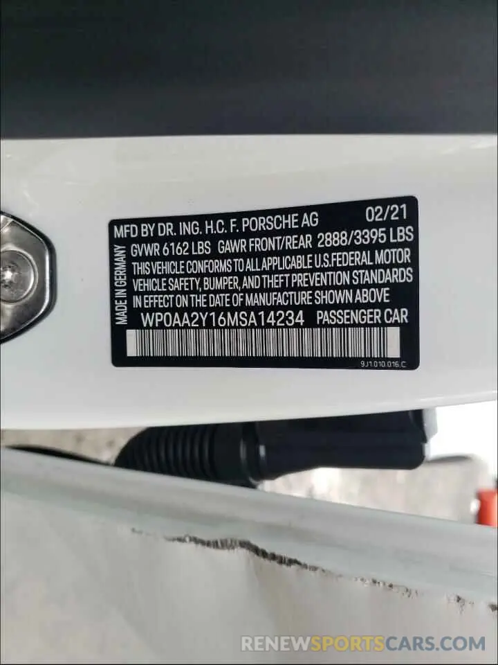 10 fotografías del automóvil dañado WP0AA2Y16MSA14234 PORSCHE TAYCAN 2021