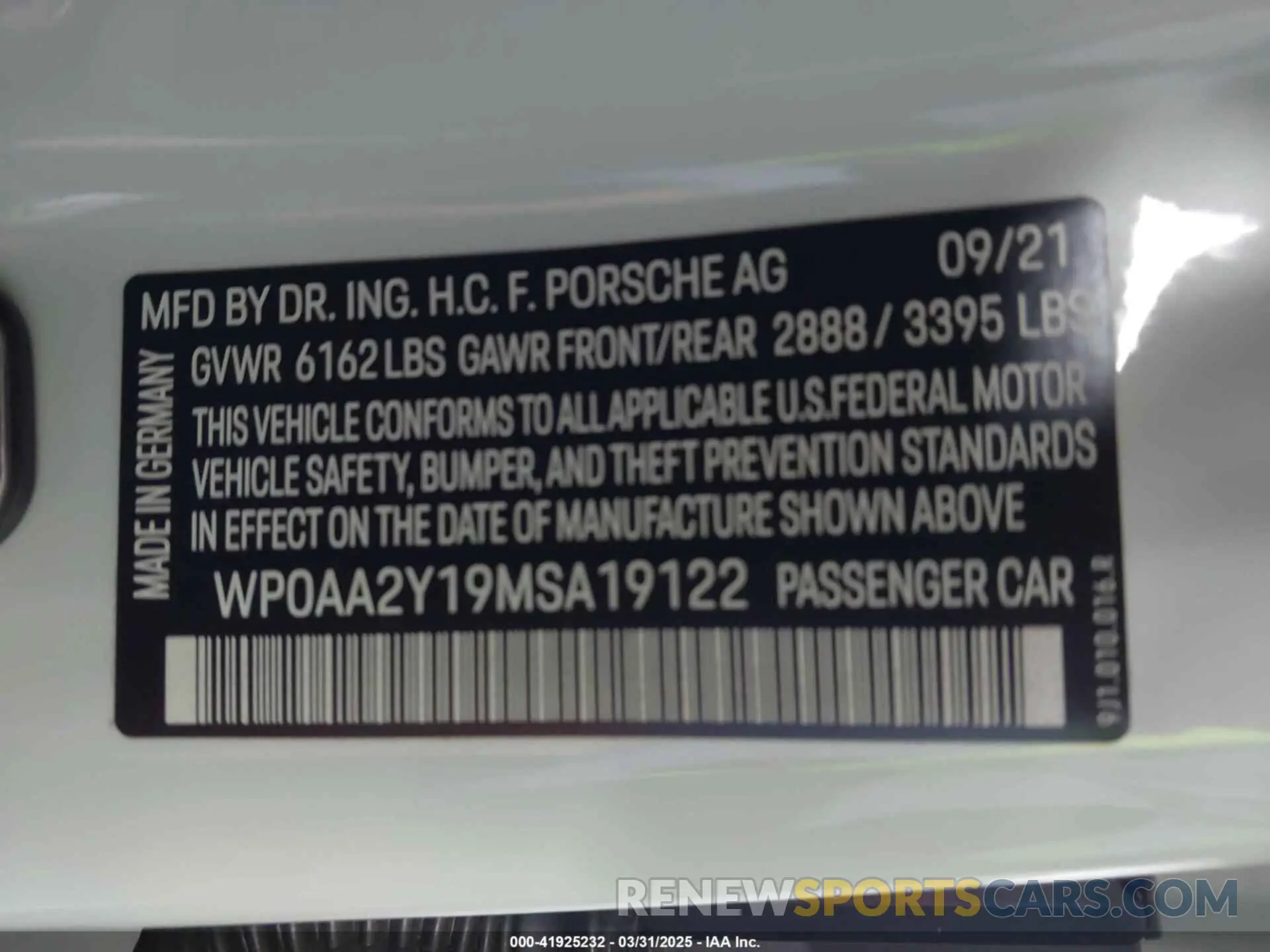 9 fotografías del automóvil dañado WP0AA2Y19MSA19122 PORSCHE TAYCAN 2021