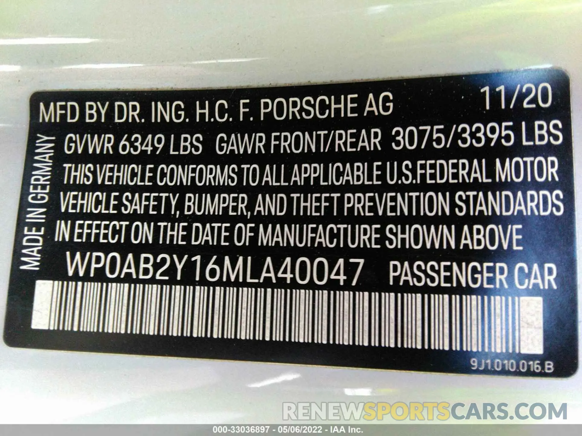 9 fotografías del automóvil dañado WP0AB2Y16MLA40047 PORSCHE TAYCAN 2021
