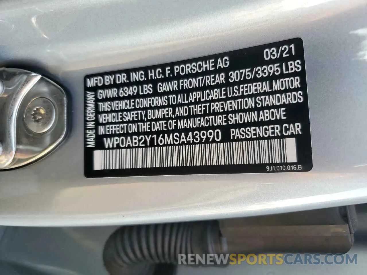 13 fotografías del automóvil dañado WP0AB2Y16MSA43990 PORSCHE TAYCAN 2021