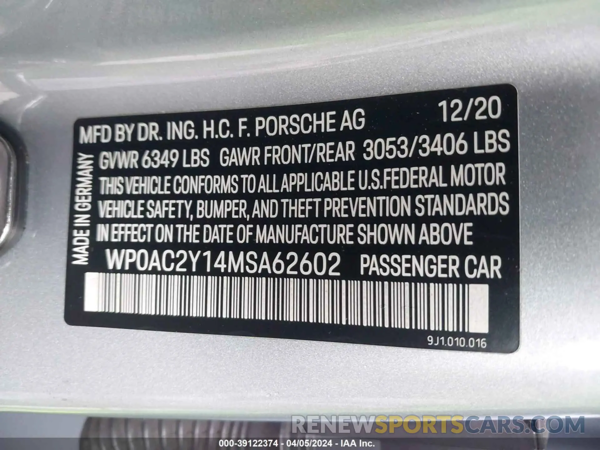 9 fotografías del automóvil dañado WP0AC2Y14MSA62602 PORSCHE TAYCAN 2021