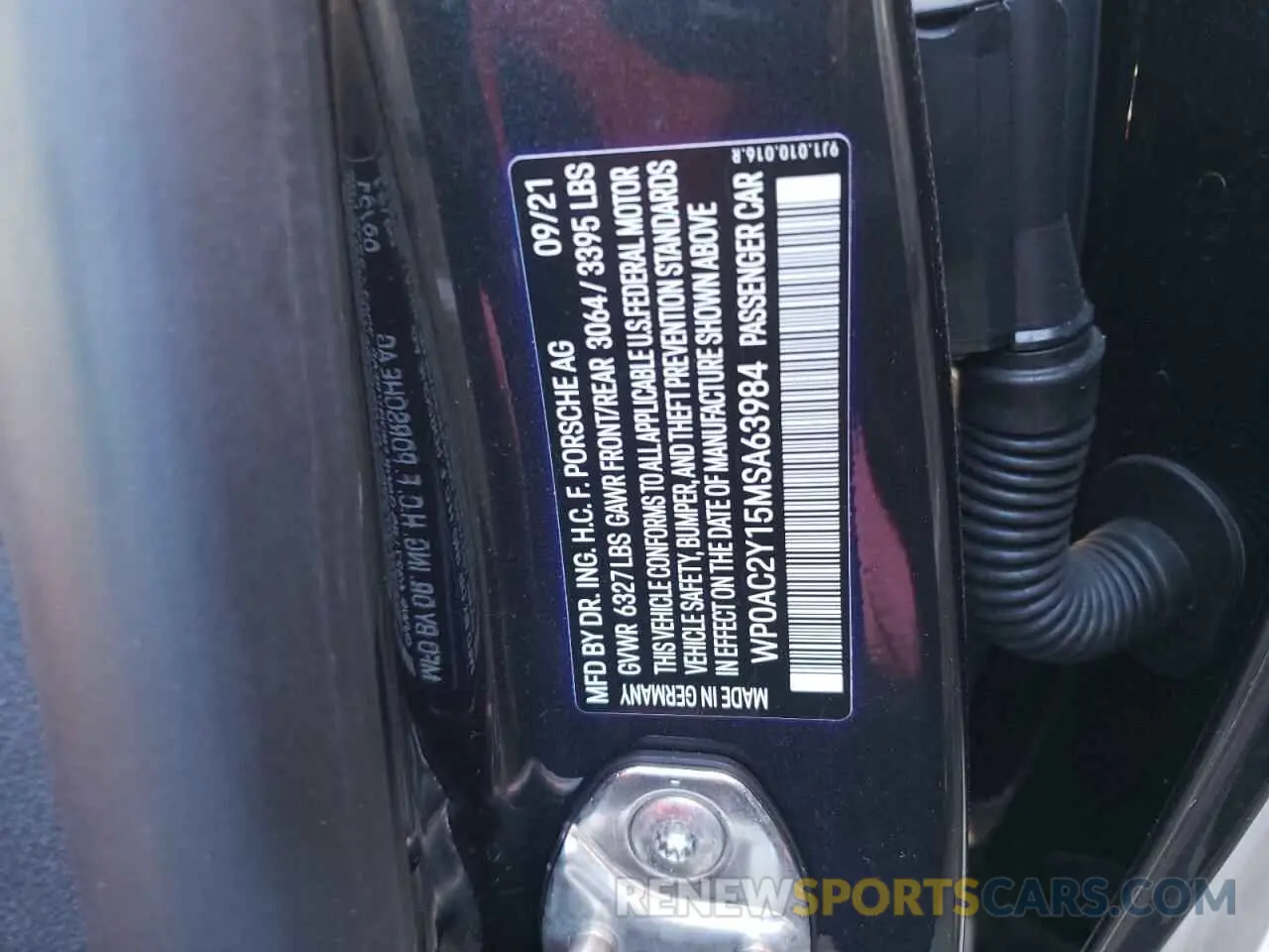 10 fotografías del automóvil dañado WP0AC2Y15MSA63984 PORSCHE TAYCAN 2021