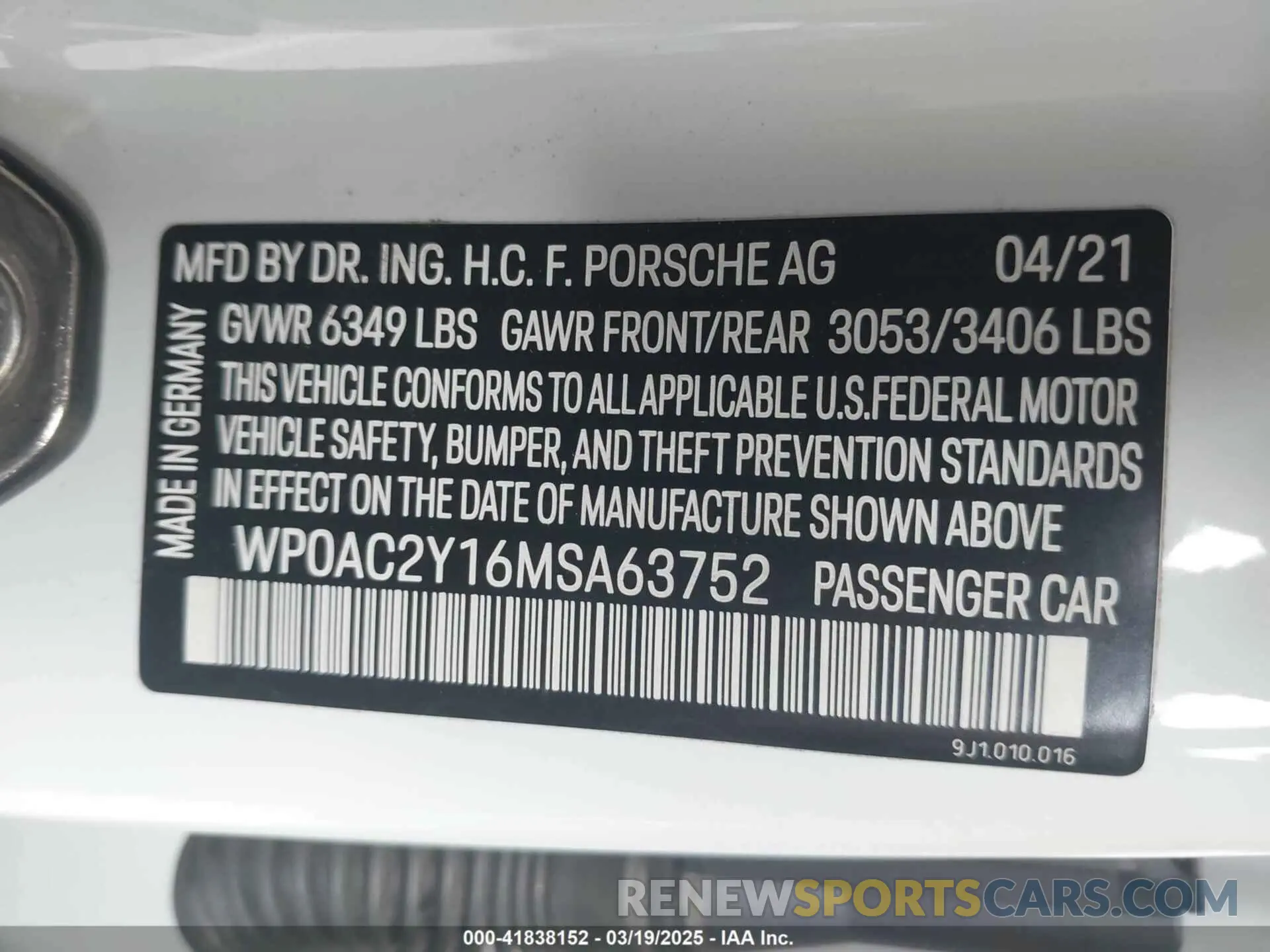 9 fotografías del automóvil dañado WP0AC2Y16MSA63752 PORSCHE TAYCAN 2021