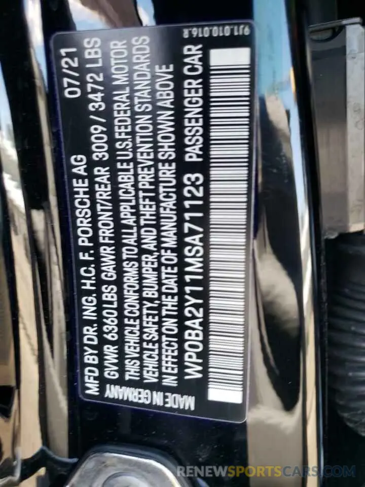 10 fotografías del automóvil dañado WP0BA2Y11MSA71123 PORSCHE TAYCAN 2021
