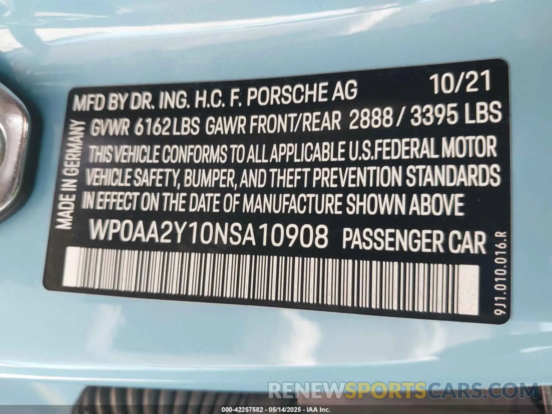 9 fotografías del automóvil dañado WP0AA2Y10NSA10908 PORSCHE TAYCAN 2022