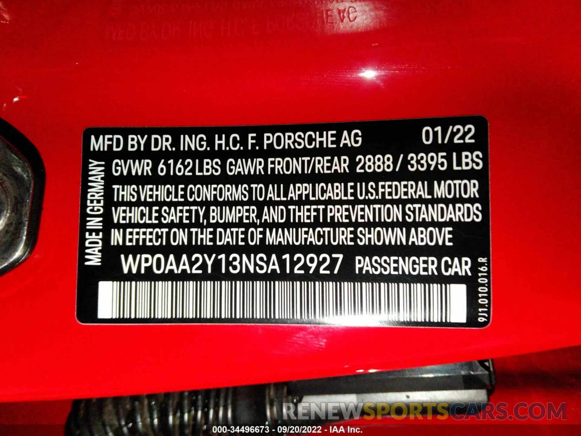 9 fotografías del automóvil dañado WP0AA2Y13NSA12927 PORSCHE TAYCAN 2022
