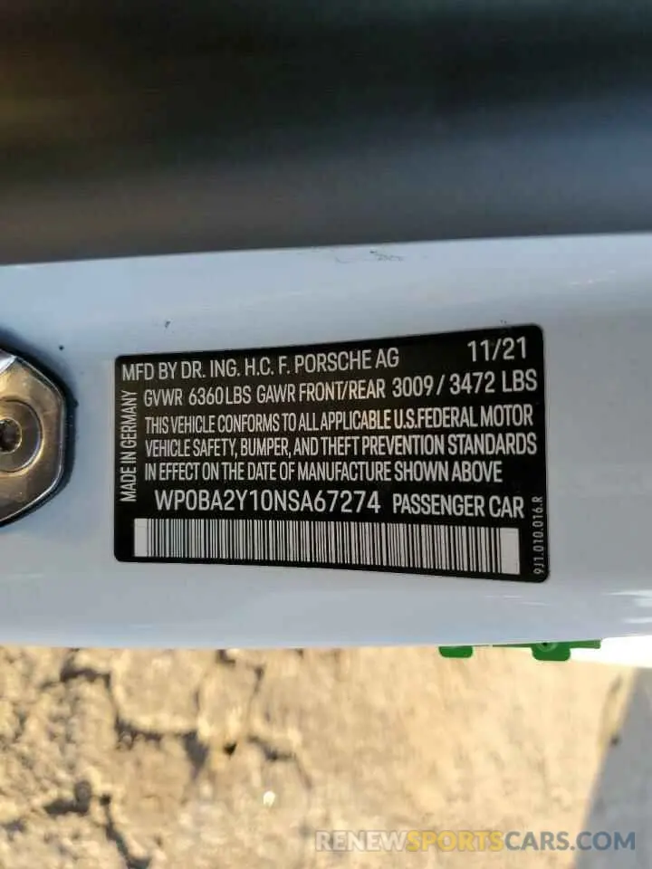 12 fotografías del automóvil dañado WP0BA2Y10NSA67274 PORSCHE TAYCAN 2022