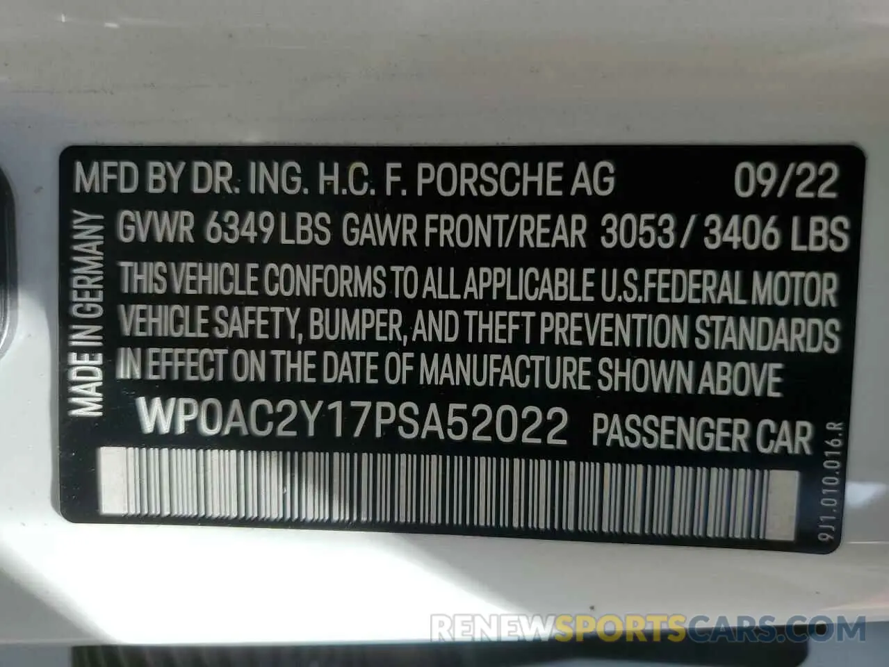 12 fotografías del automóvil dañado WP0AC2Y17PSA52022 PORSCHE TAYCAN 2023