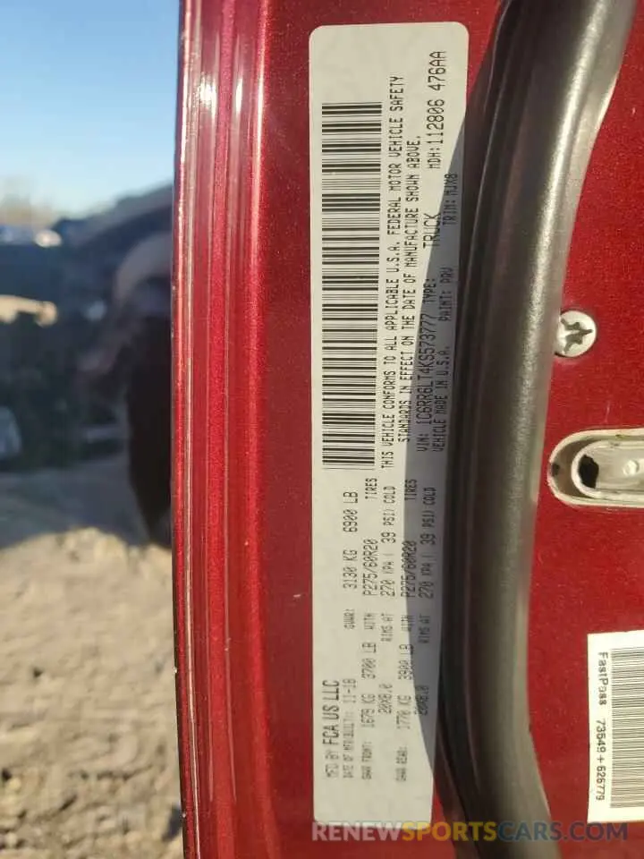 12 fotografías del automóvil dañado 1C6RR6LT4KS573777 RAM 1500 2019