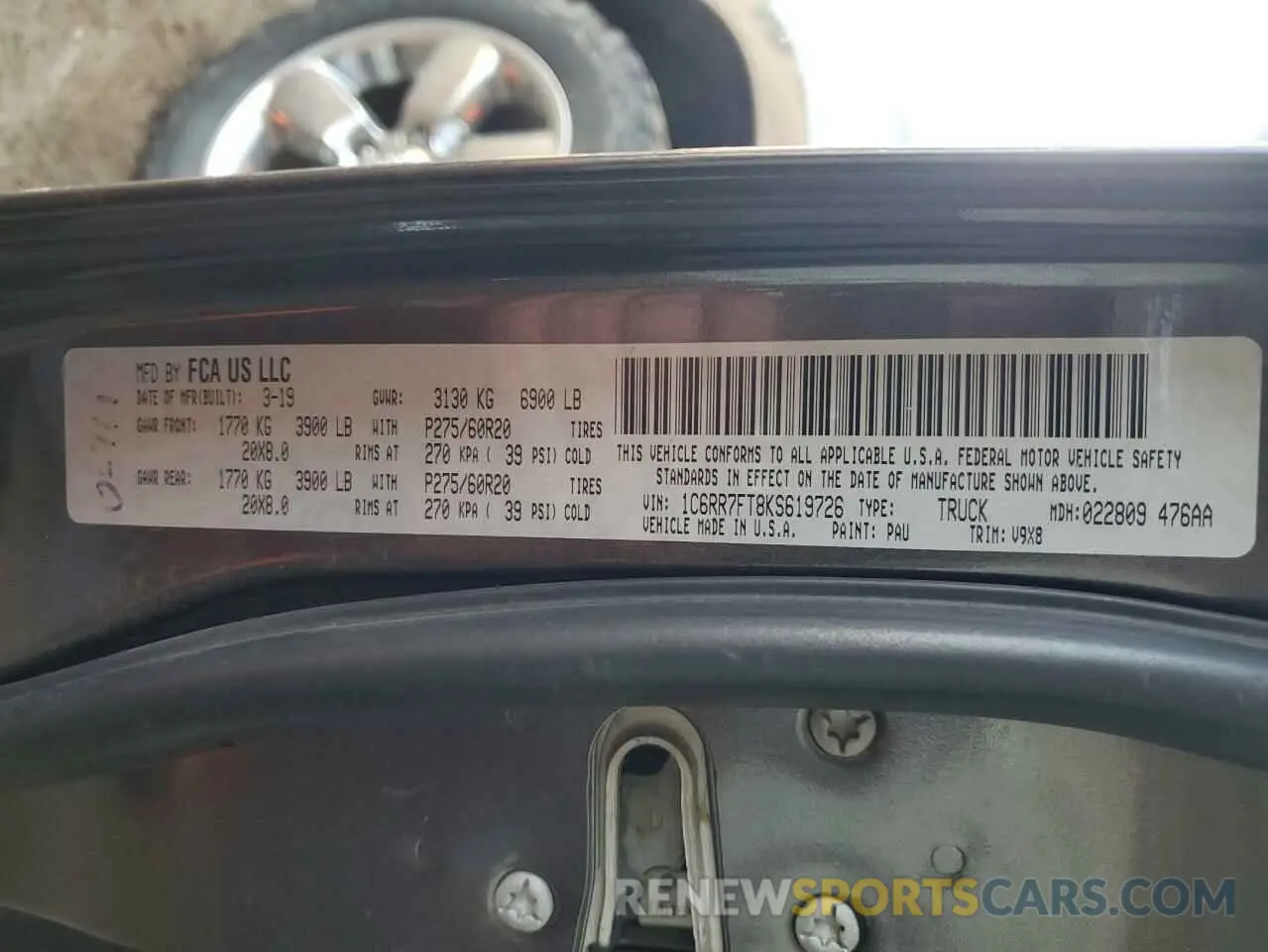 12 fotografías del automóvil dañado 1C6RR7FT8KS619726 RAM 1500 2019