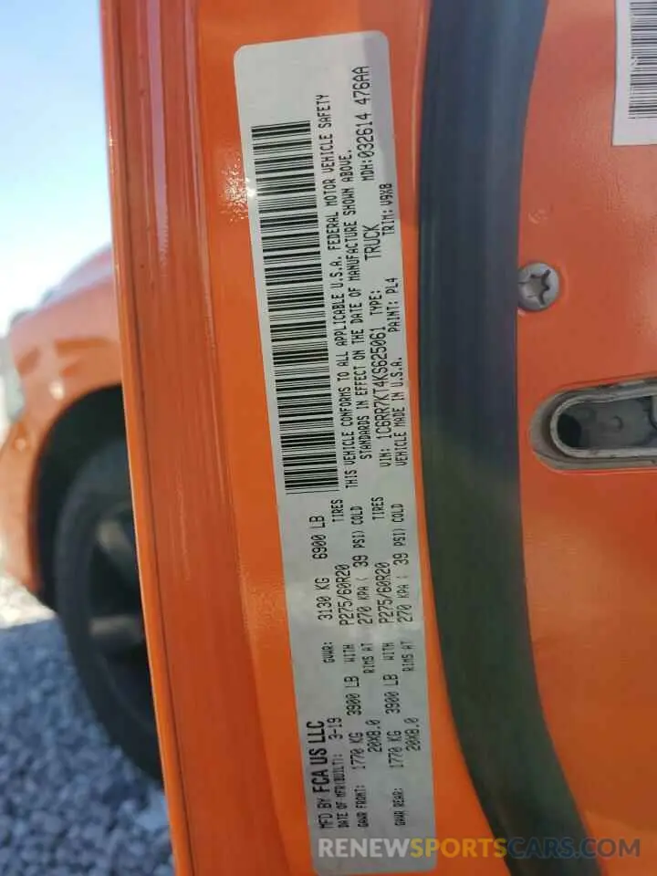 12 fotografías del automóvil dañado 1C6RR7KT4KS625061 RAM 1500 2019