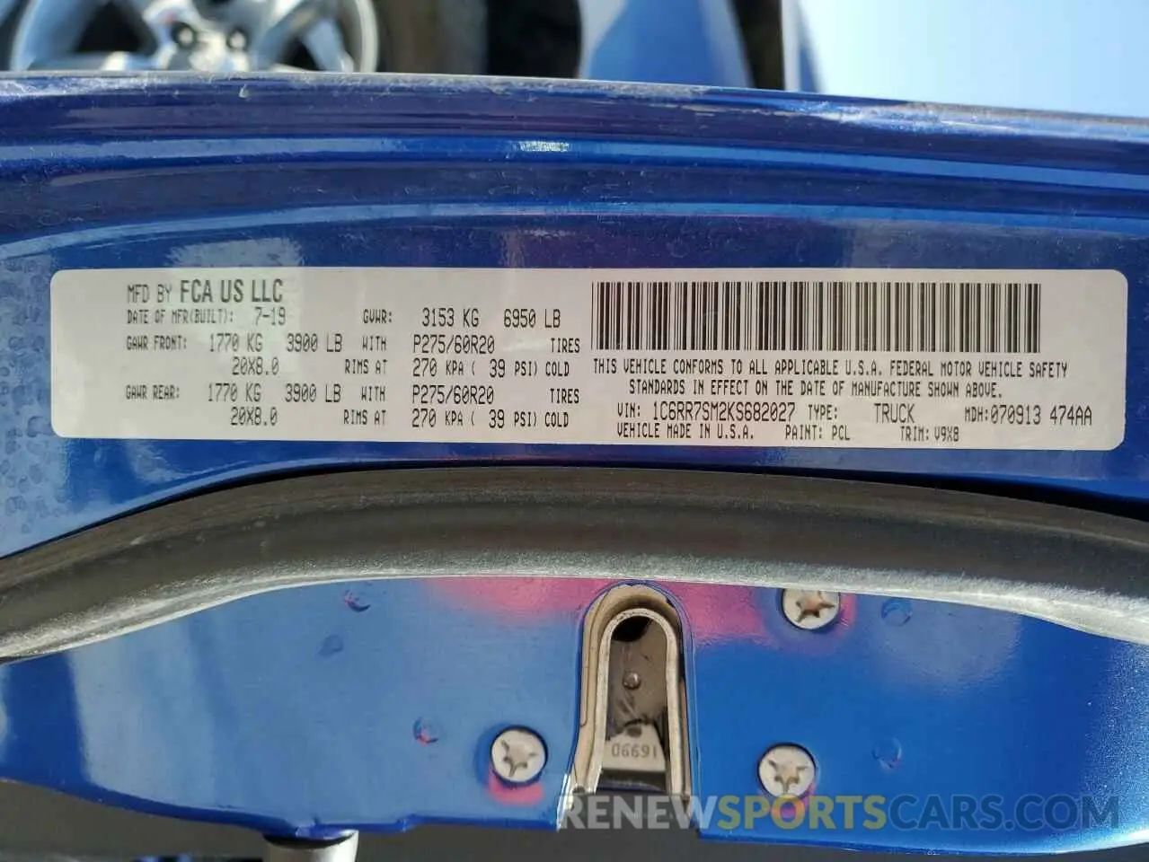 12 fotografías del automóvil dañado 1C6RR7SM2KS682027 RAM 1500 2019