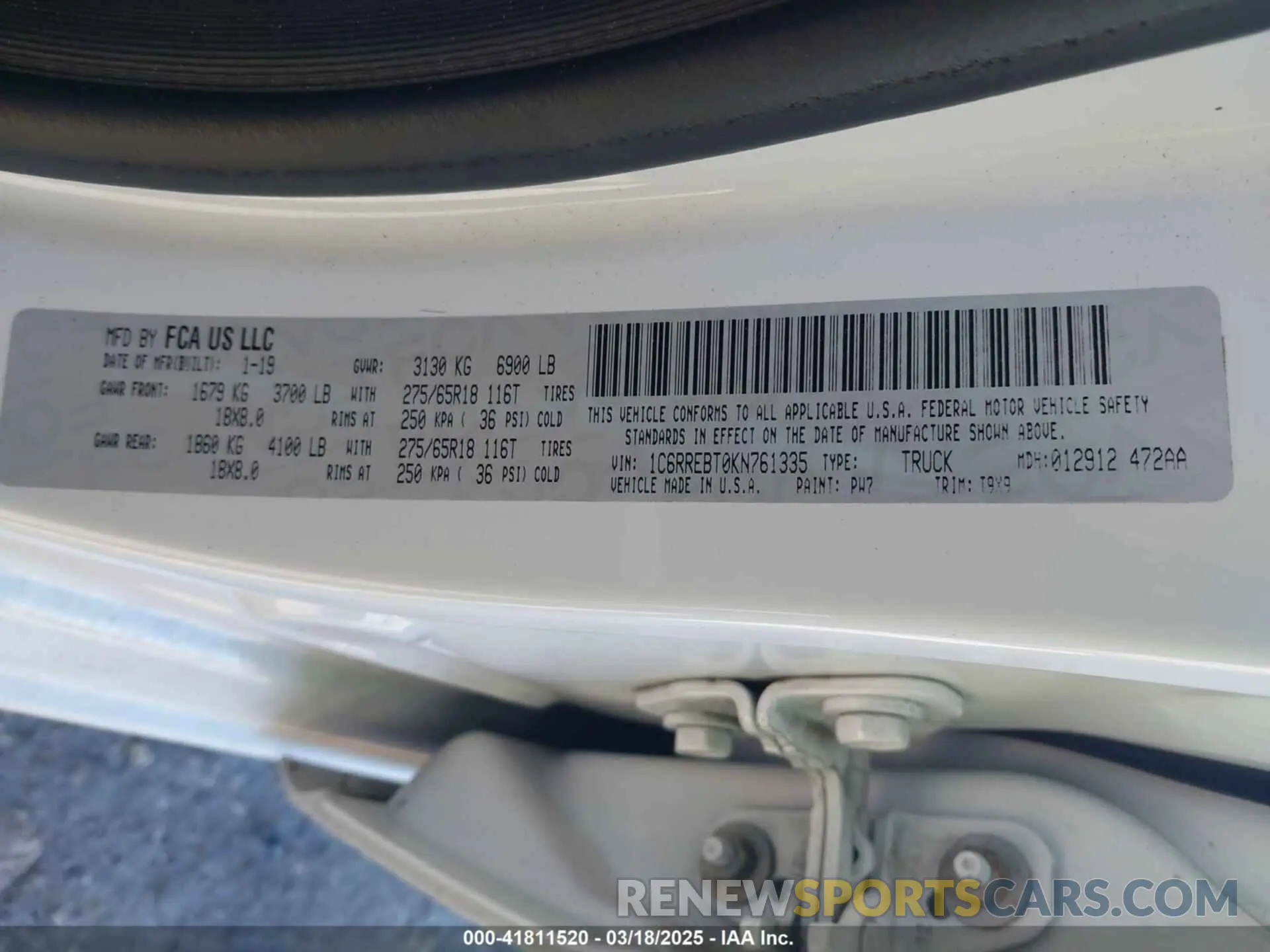 9 fotografías del automóvil dañado 1C6RREBT0KN761335 RAM 1500 2019