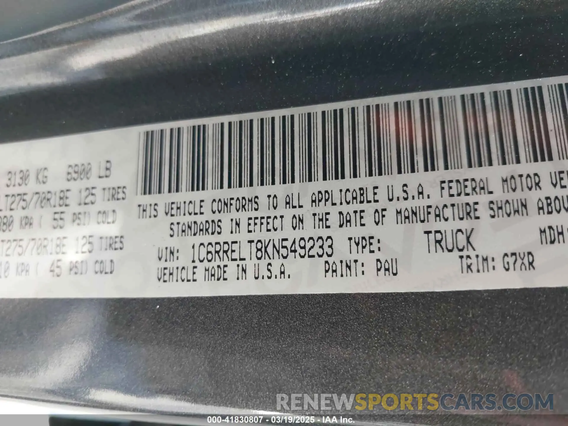 9 fotografías del automóvil dañado 1C6RRELT8KN549233 RAM 1500 2019