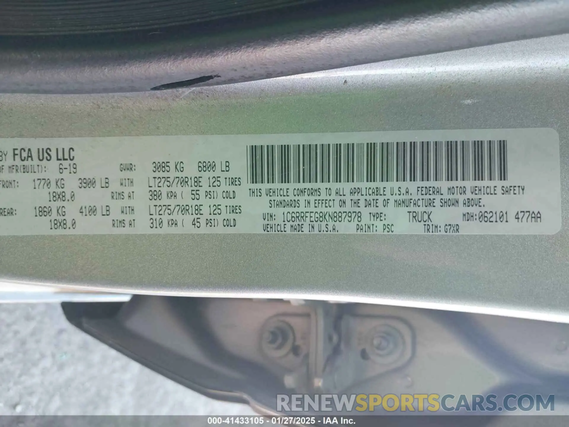 9 fotografías del automóvil dañado 1C6RRFEG8KN887978 RAM 1500 2019