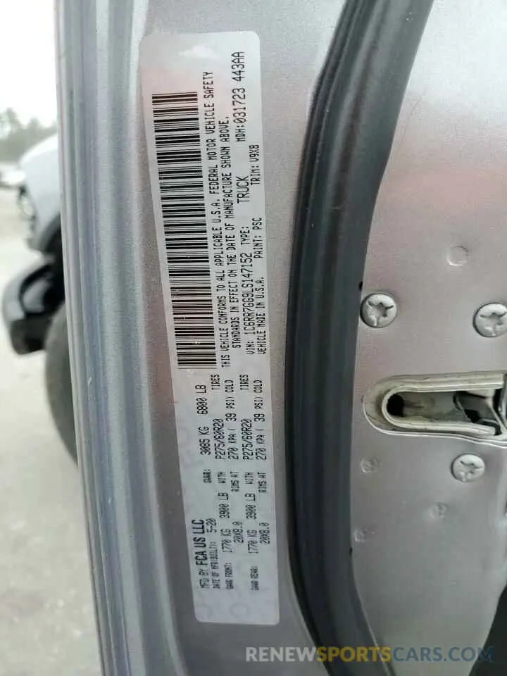 12 fotografías del automóvil dañado 1C6RR7GG9LS147152 RAM 1500 2020