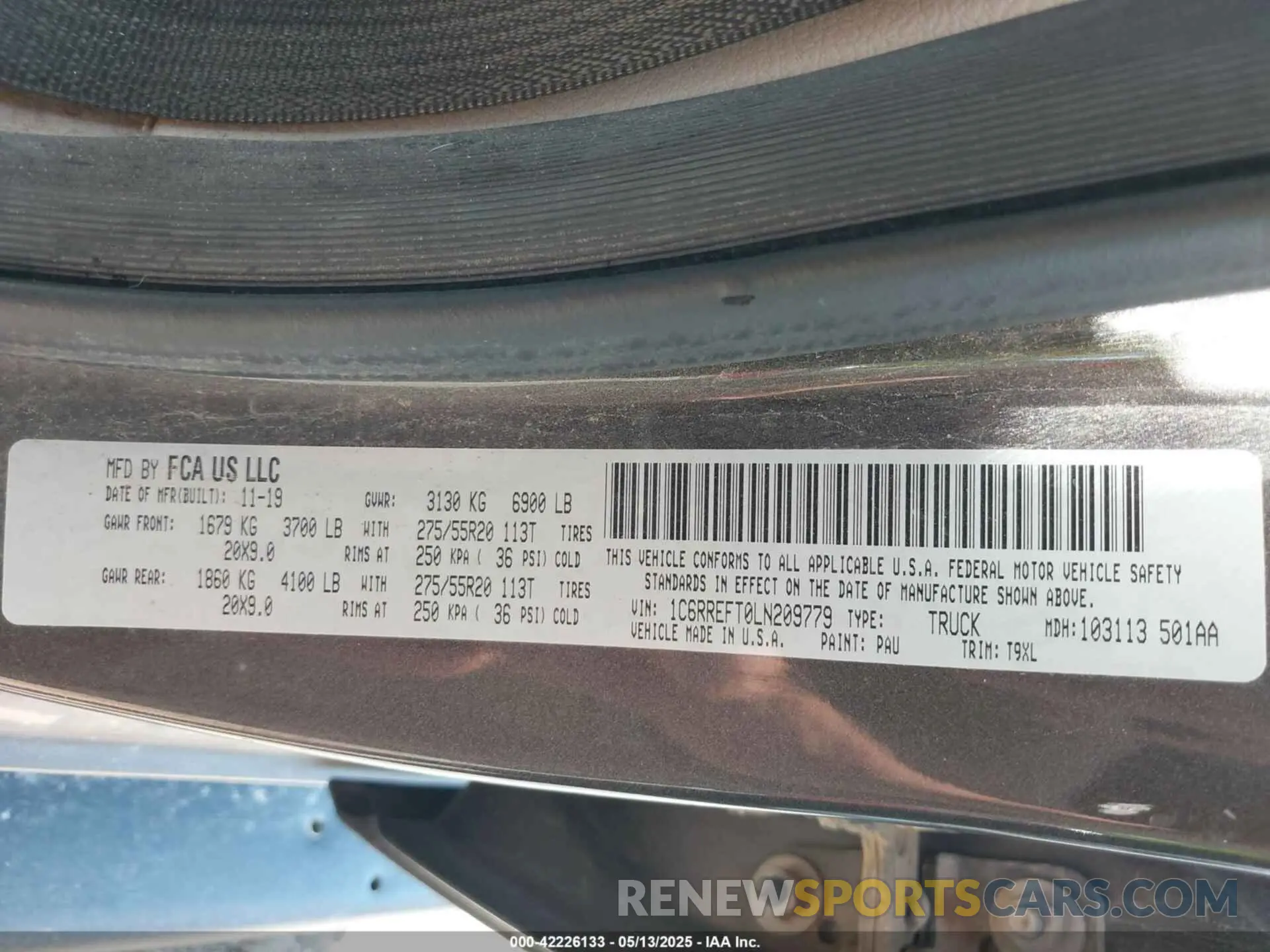 9 fotografías del automóvil dañado 1C6RREFT0LN209779 RAM 1500 2020