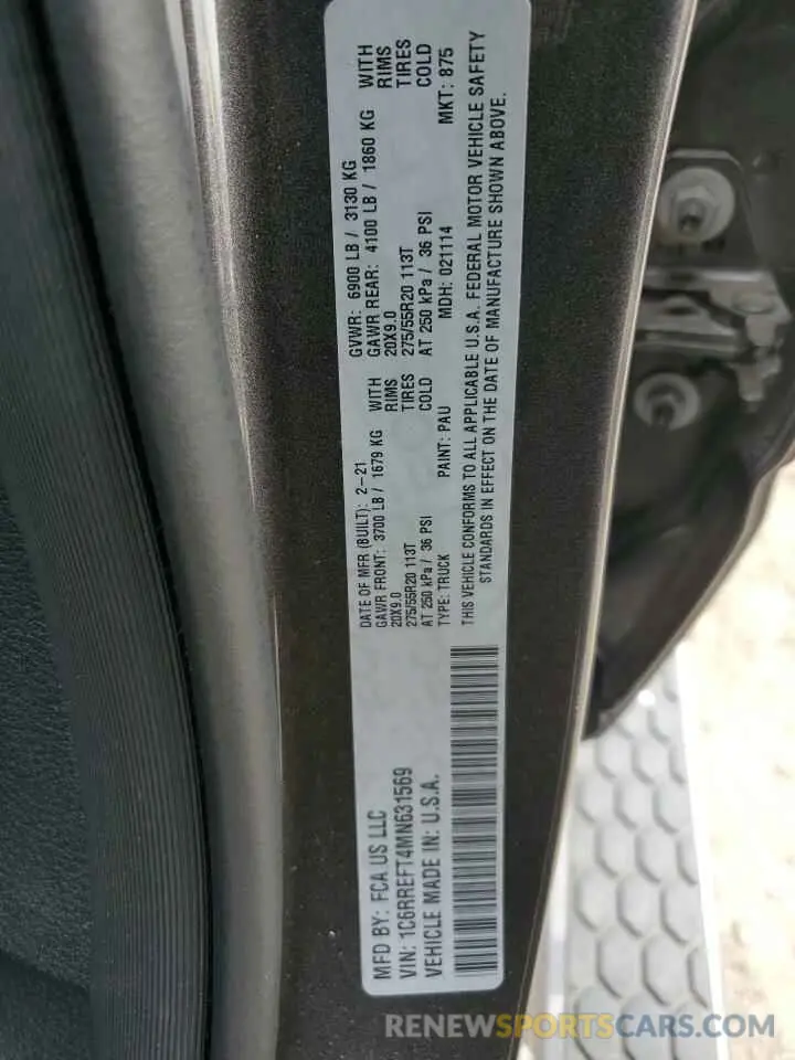 14 fotografías del automóvil dañado 1C6RREFT4MN631569 RAM 1500 2021