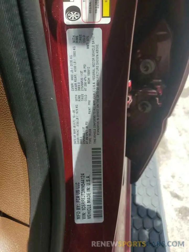 12 fotografías del automóvil dañado 1C6RREJT3MN544124 RAM 1500 2021