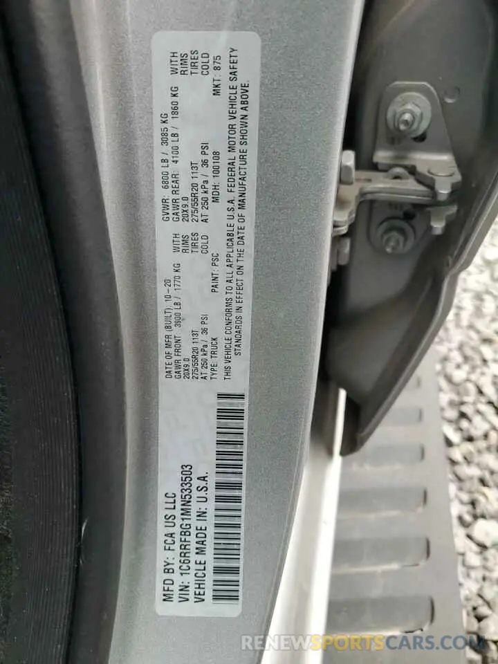 12 fotografías del automóvil dañado 1C6RRFBG1MN533503 RAM 1500 2021