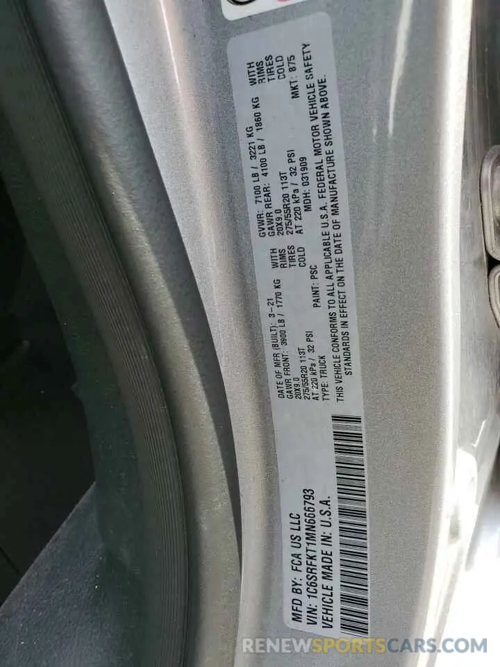 12 fotografías del automóvil dañado 1C6SRFKT1MN666793 RAM 1500 2021