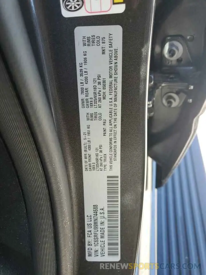 12 fotografías del automóvil dañado 1C6SRFU99MN744688 RAM 1500 2021