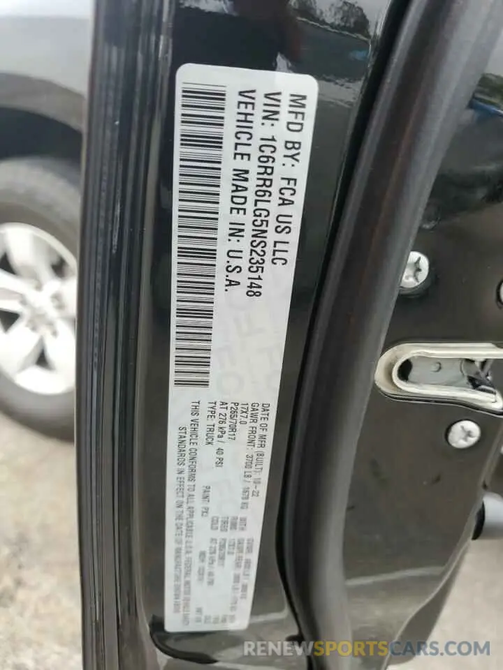 12 fotografías del automóvil dañado 1C6RR6LG5NS235148 RAM 1500 2022