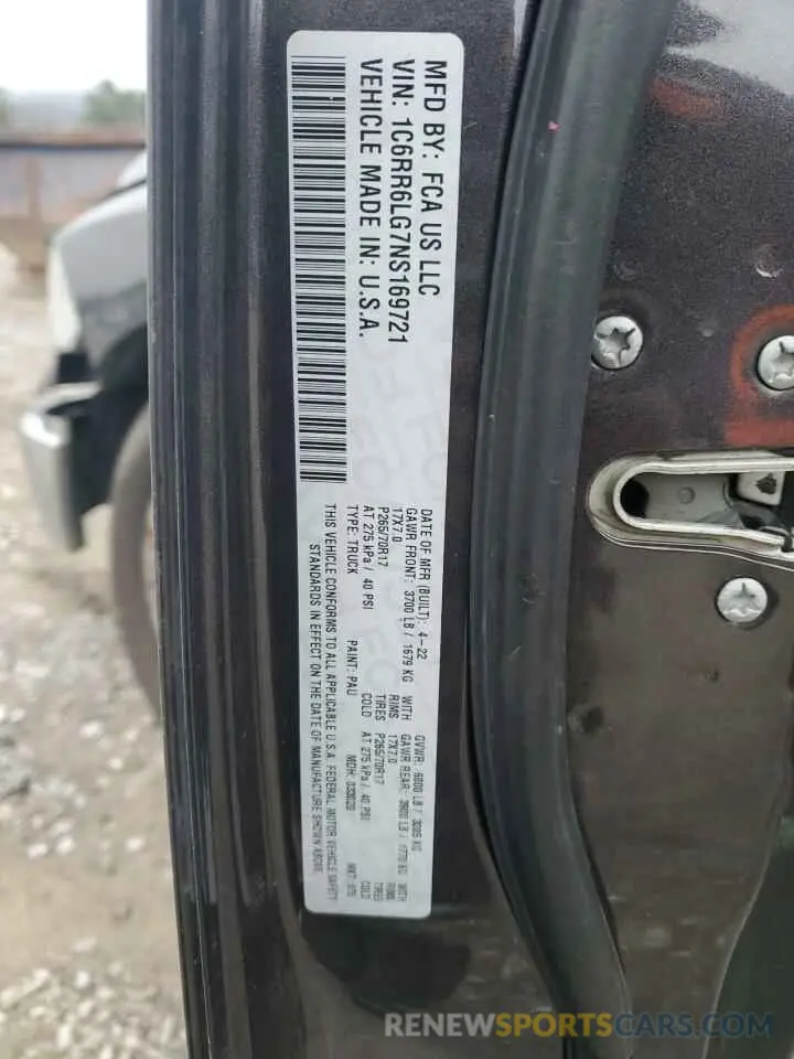 12 fotografías del automóvil dañado 1C6RR6LG7NS169721 RAM 1500 2022