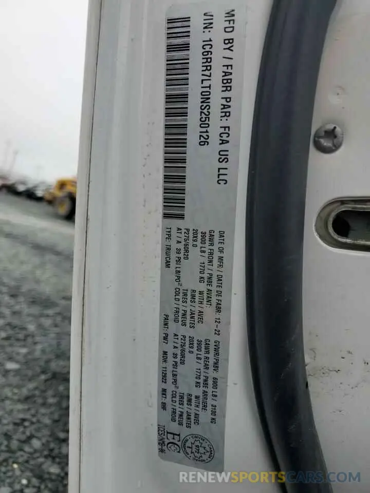 13 fotografías del automóvil dañado 1C6RR7LT0NS250126 RAM 1500 2022