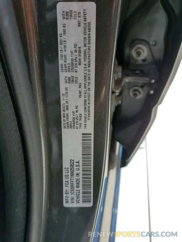 12 fotografías del automóvil dañado 1C6SRFFT1NN259522 RAM 1500 2022