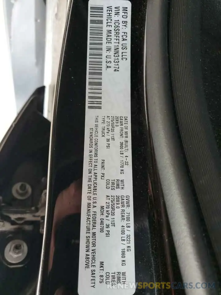 12 fotografías del automóvil dañado 1C6SRFFT1NN313174 RAM 1500 2022