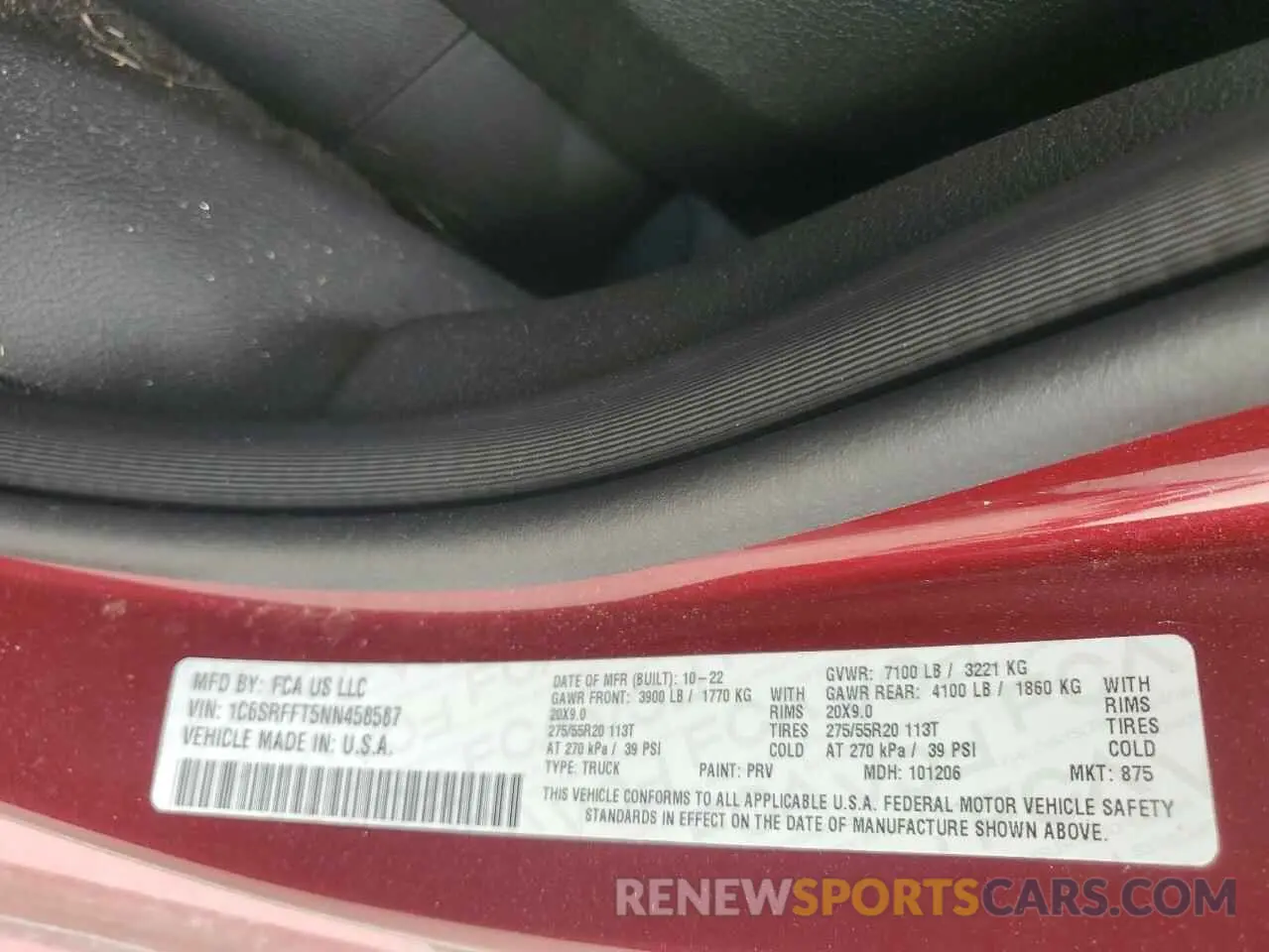 12 fotografías del automóvil dañado 1C6SRFFT5NN458587 RAM 1500 2022