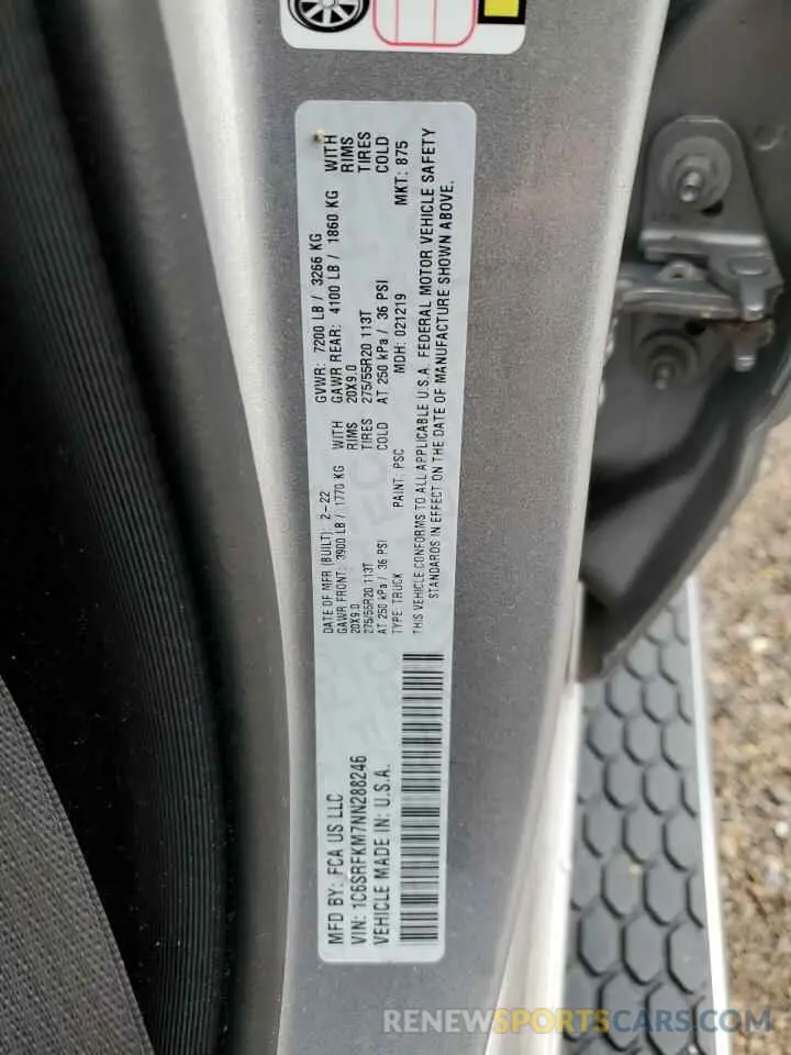 12 fotografías del automóvil dañado 1C6SRFKM7NN288246 RAM 1500 2022