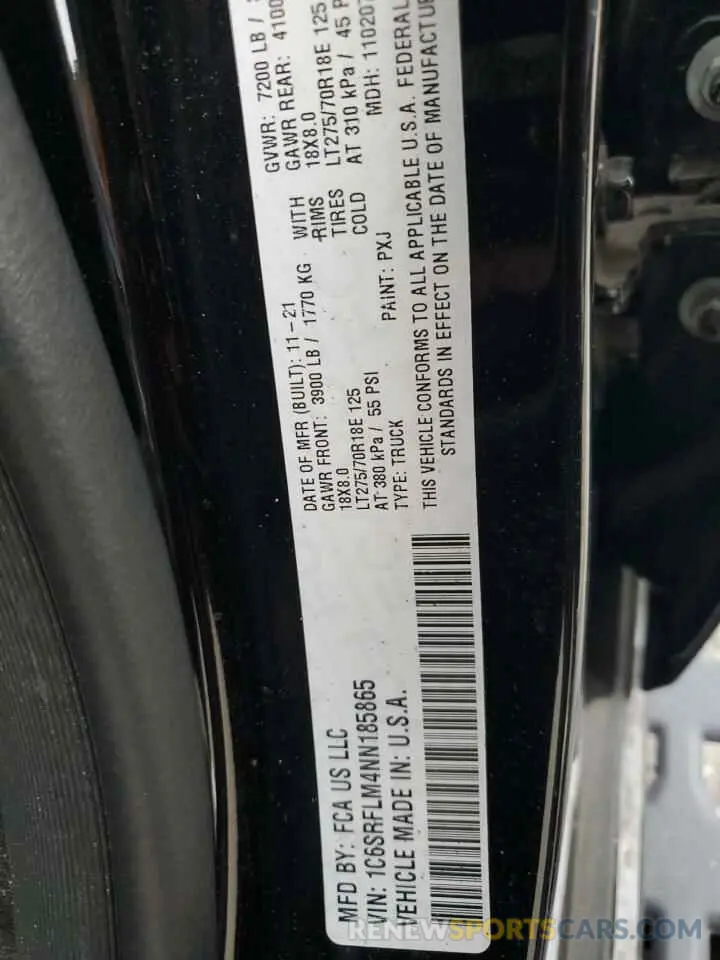 12 fotografías del automóvil dañado 1C6SRFLM4NN185865 RAM 1500 2022