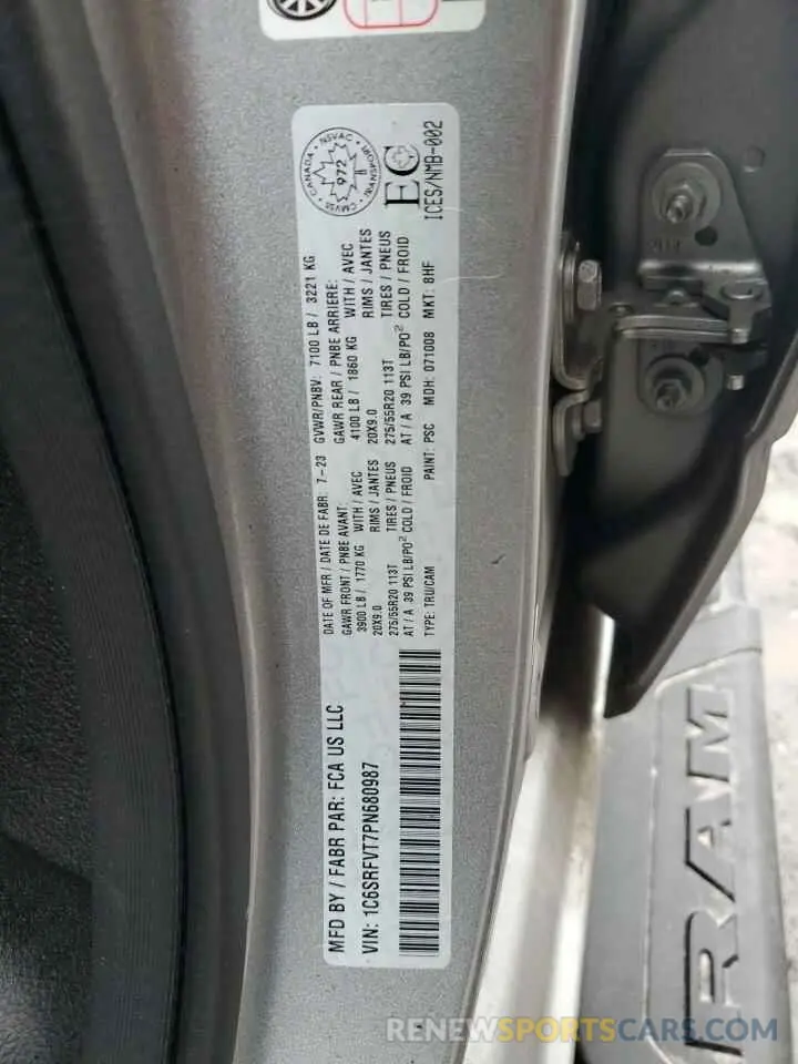12 fotografías del automóvil dañado 1C6SRFVT7PN680987 RAM 1500 2023